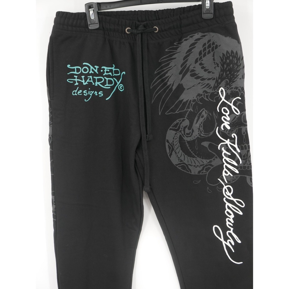 Ed Hardy Sweatpants Black Fleece Tiger Tattoo Graphic Drawstring Men's Medium